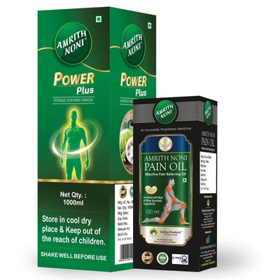 Amrith Noni Power Plus 1000ml + Pain Oil 100ml - Organic Noni Fruit Juice for Strengthening Immunity & Natural Relief from Back, Joint, Knee, Muscle, Neck, Wrist, Ankle, and Elbow Pain