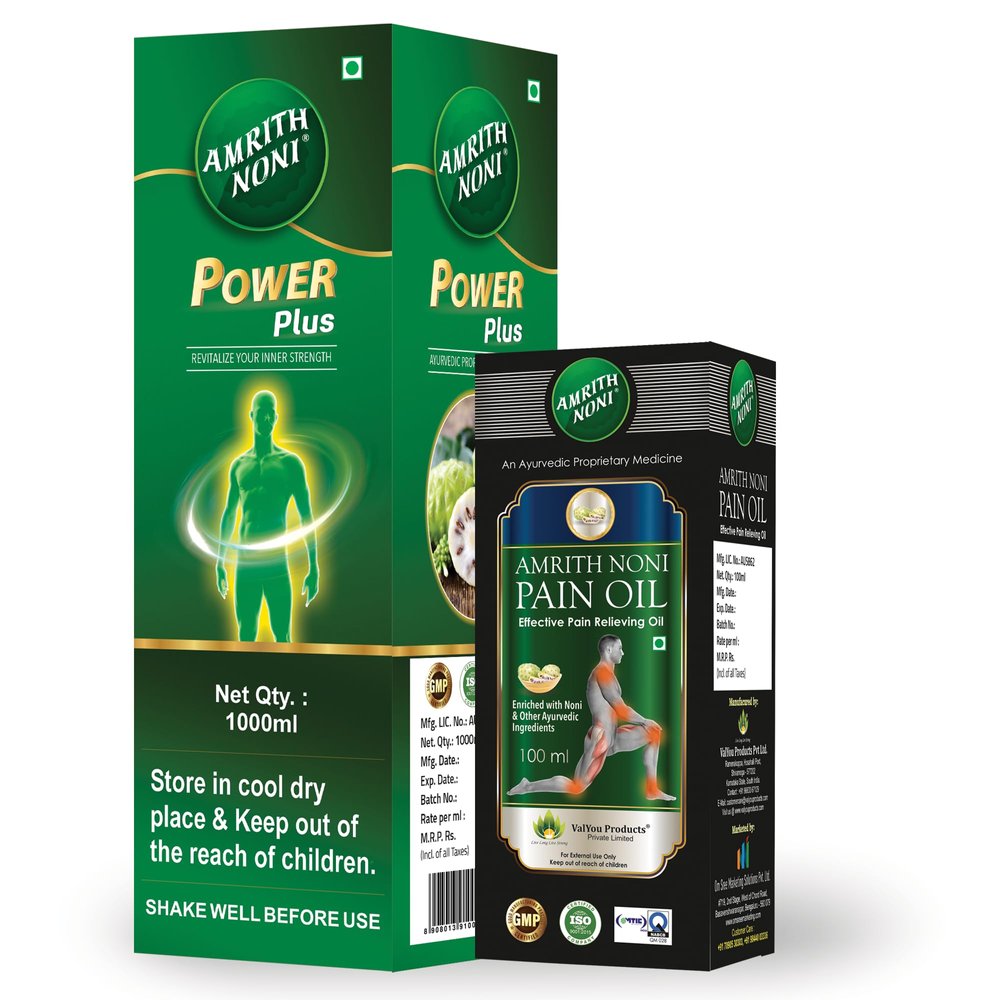Amrith Noni Power Plus 1000ml + Pain Oil 100ml - Organic Noni Fruit Juice for Strengthening Immunity & Natural Relief from Back, Joint, Knee, Muscle, Neck, Wrist, Ankle, and Elbow Pain