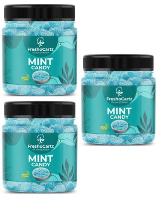 FreshoCartz Mint Flavoured Candy | Pudina Mint Candy | Pudina Goli | Hard Blue Mint Goli | Mouthfreshner - Jar Pack (Pudina Candy, 400g (Pack of 3))