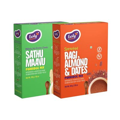 Early Foods - Pack of 2 : Sprouted Ragi Almond Date & Sathu Maavu Porridge Mixes |Breakfast Cereals |Ragi malt | Munch Cereal | Gluten Free Porridges 200 gms x 2