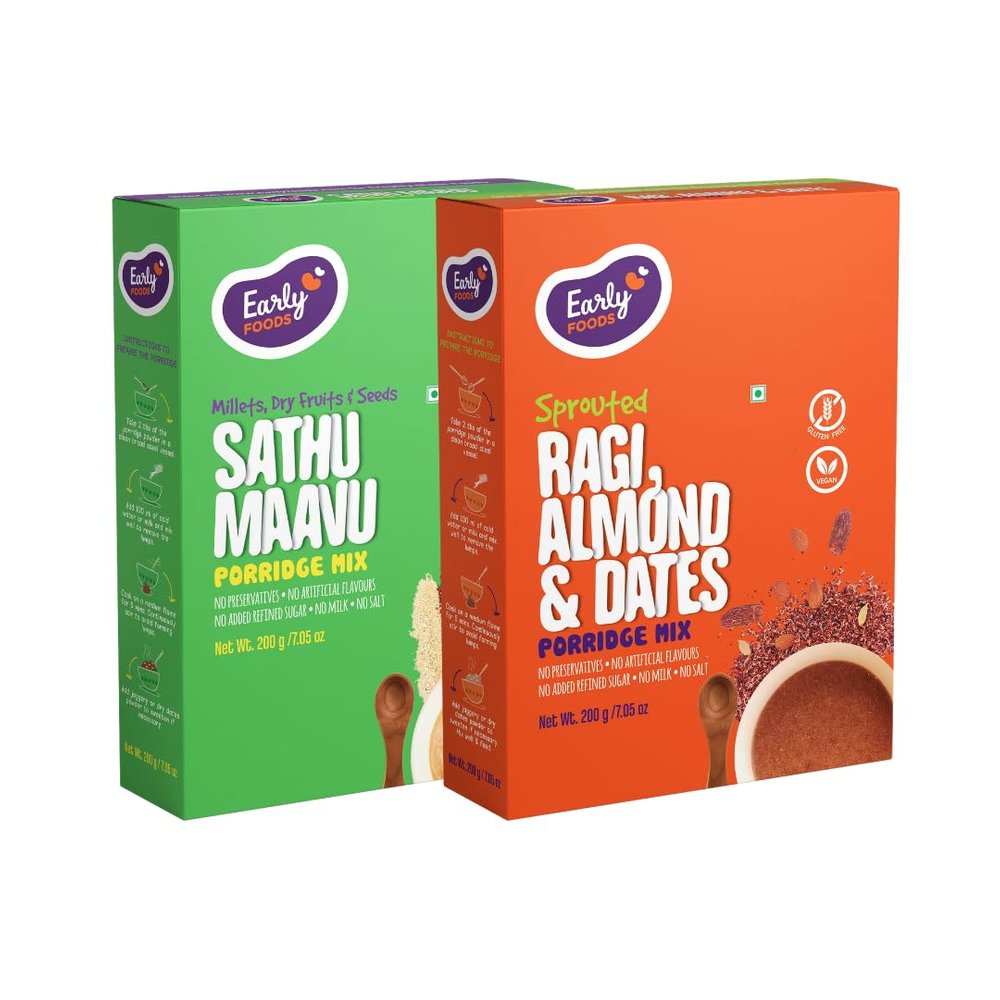 Early Foods - Pack of 2 : Sprouted Ragi Almond Date & Sathu Maavu Porridge Mixes |Breakfast Cereals |Ragi malt | Munch Cereal | Gluten Free Porridges 200 gms x 2