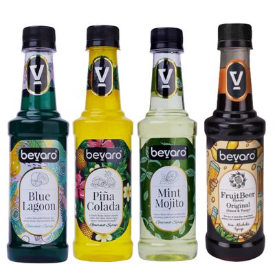 Bevaro Mocktail Mega Combo 4 flavours (300ml each) Blue Lagoon +Pina Colada+Mint Mojito +FruitBeer original (1200 ml, Pack of 4)