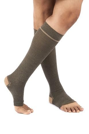 FederFlex Class 2 Compression Stockings - Open Toe | Knee Length | X-Large | Black Pepper with Beige Heel