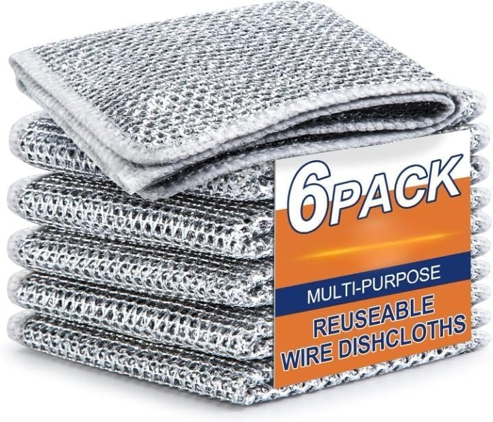 TakshHaven Non-Scratch Steel Wire Dish Wash Cloth for Wet and Dry Stainless Steel Scrubber, Dishwashing Rags for Washing Dishes (Pack of 6)