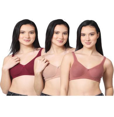 NSALIZA Pack 3 Molded Non Padded Non Wired Full Coverage Bra Bronze,Maroon,Nude