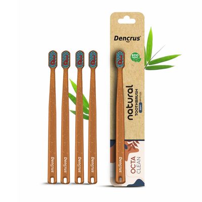 Dencrus Octa Clean Bamboo Toothbrush for Adults (Pack of 4) | 100% Natural & Eco Friendly Manual Toothbrush | BPA-Free & Ultra Soft Bristles for Gentle & Sensitive Care