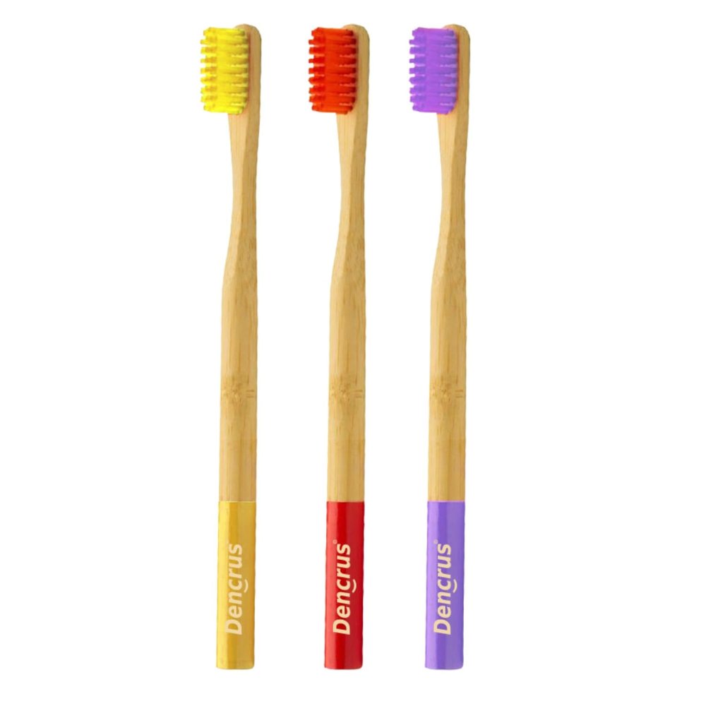Dencrus ORBY PLUS Bamboo Toothbrush | Pack of 3 | Natural Soft Bristles | Biodegradable and Compostable Handle | Eco-friendly | LAVENDER, YELLOW & RED