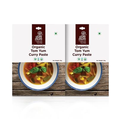 Pure & Sure Organic Tom Yum Curry Paste | Natural Curry Paste | Made with Thai Ingredients | Ready to Cook/Use | Aromatic & Tasty | No Preservatives | 50gm (Pack of 2)