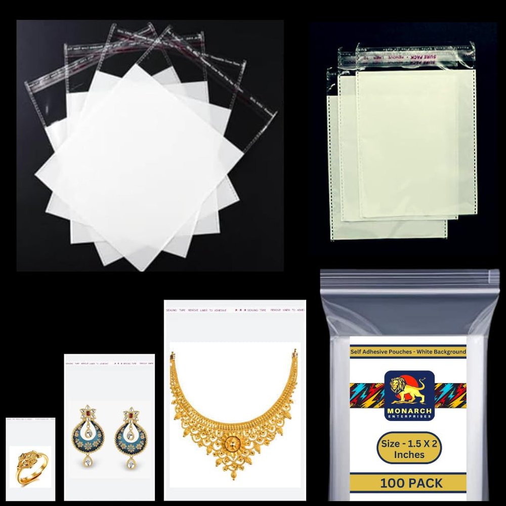 MONARCH Self Adhesive Resealable Pouch (100 Pouches - 4X5 Inches) White Background Plastic/Polythene BOPP,Seal King Bag,Cellophane bags | Pouches for Jewelry,Packing,Storage (4x5 Inches)