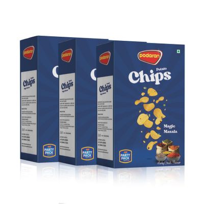 PODARAN Potato Chips Party Pack Delicious Snacks Combo with Aloo Chips, Fresh Potato Chips Perfect for the whole Family Gathering - Pack of 3 (100 g) (100 gm (Pack of 3), Magic Masala)