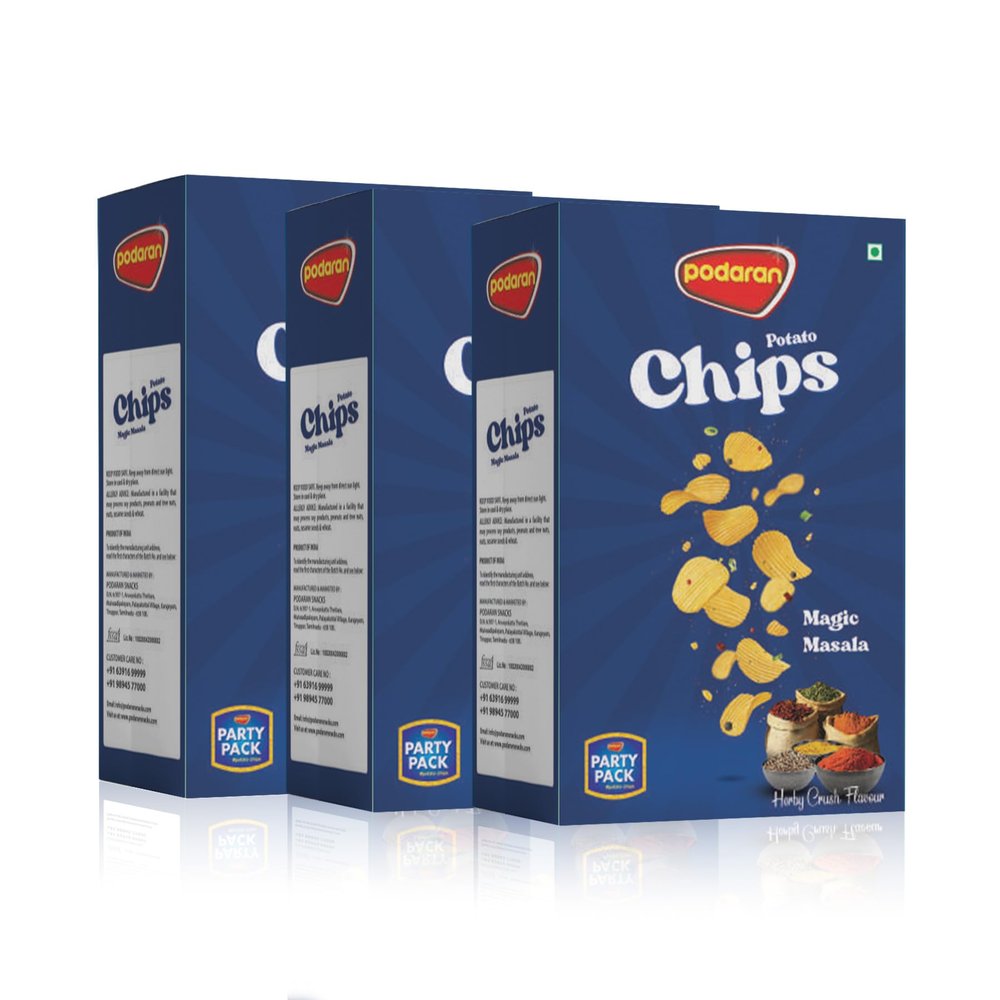 PODARAN Potato Chips Party Pack Delicious Snacks Combo with Aloo Chips, Fresh Potato Chips Perfect for the whole Family Gathering - Pack of 3 (100 g) (100 gm (Pack of 3), Magic Masala)