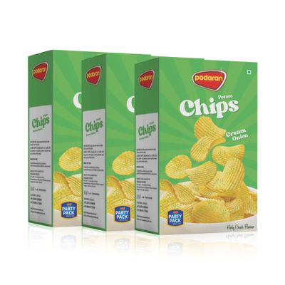 PODARAN Potato Chips Party Pack Delicious Snacks Combo with Aloo Chips, Fresh Potato Chips Perfect for the whole Family Gathering - Pack of 3 (100g (Pack of 3), Cream and Onion)