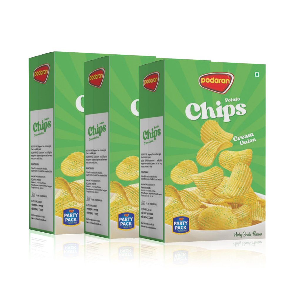 PODARAN Potato Chips Party Pack Delicious Snacks Combo with Aloo Chips, Fresh Potato Chips Perfect for the whole Family Gathering - Pack of 3 (100g (Pack of 3), Cream and Onion)