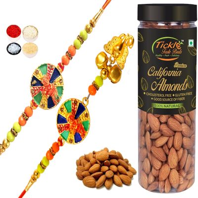 Bhaiya Bhabhi Rakhi n Lumba with 250gm Badam Jar for Raksha Bandhan | Bal Gopal Design for Blessing Brother & Sister in Law with TIkka for Bhai