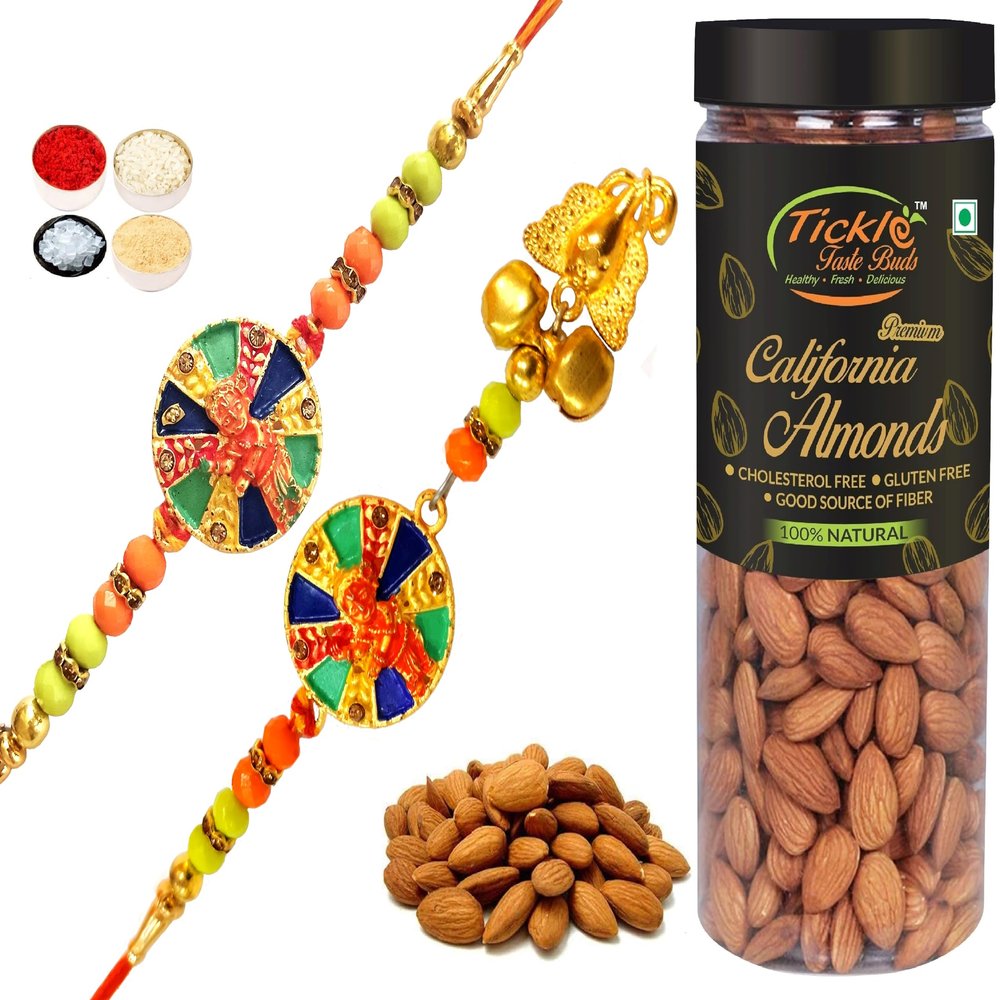 Bhaiya Bhabhi Rakhi n Lumba with 250gm Badam Jar for Raksha Bandhan | Bal Gopal Design for Blessing Brother & Sister in Law with TIkka for Bhai