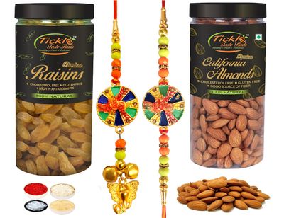 Bhaiya Bhabhi Rakhi n Lumba with Badam & Kishmish Jars for Raksha Bandhan | Bal Gopal Design for Blessing Brother & Sister in Law with TIkka for Bhai