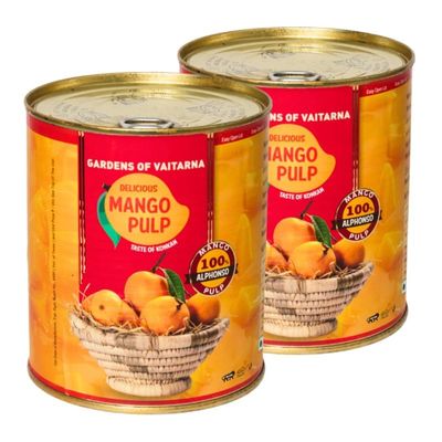 Gardens of Vaitarna - Alphonso Mango Pulp | No Added Sugar | Unsweetened | No Preservatives | Non-GMO | Hapus | Aamras | DIY Recipes | Canned Mango Puree | Pack of 2