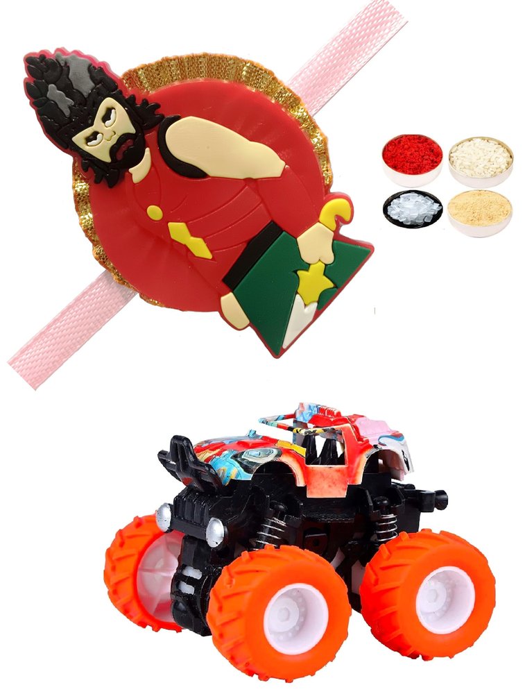Bahubali Rakhi for Kids Smart Bro, Sturdy Monster Toy Car & Roli Chandan Chawal Mishri Pack for Brother Bhai Bhaiya