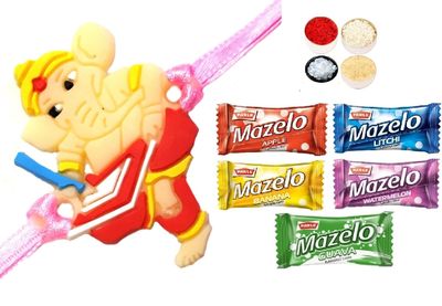 Bal Ganesh Ganpati Rakhi for Kids, 5 Parle Mazelo Fruit Candy Sweet, Tikka Pack for Bhai Bhaiya Brother Gift