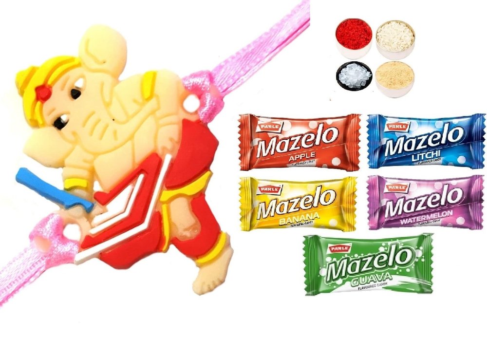 Bal Ganesh Ganpati Rakhi for Kids, 5 Parle Mazelo Fruit Candy Sweet, Tikka Pack for Bhai Bhaiya Brother Gift