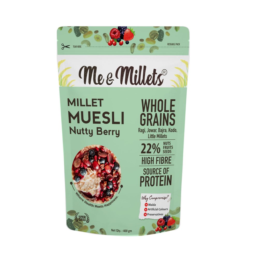 Me & Millets Millet Muesli Berry and Nuts (400 g) - Rich In High Protein & Fibre, Millet Muesli With Oats, Nuts, Berries and Honey