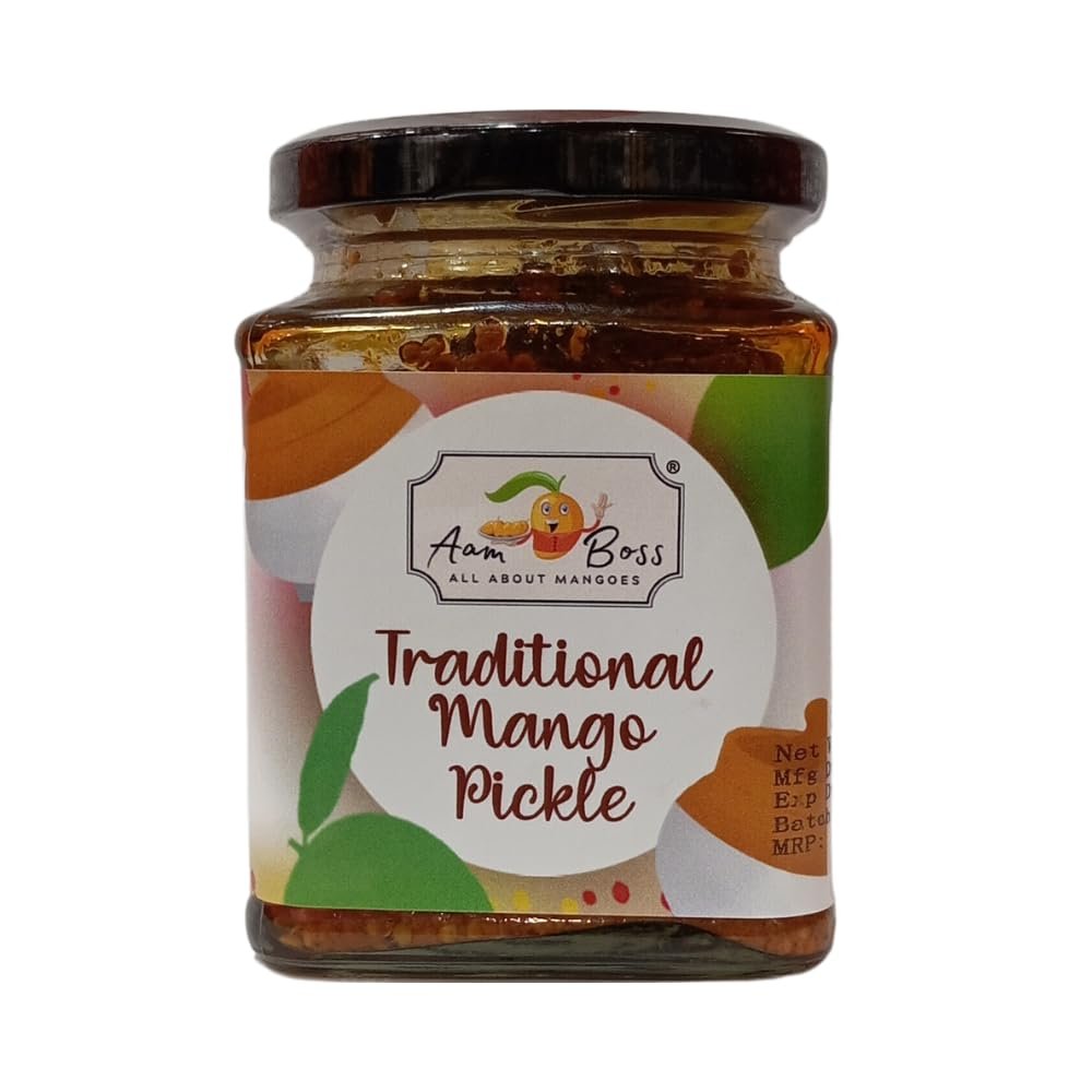 AamBoss Traditional Mango Pickle (Achaar) | Homemade Style | Spicy & Tangy | Organic, No Artificial Additives | Pure Veg | Authentic Indian Recipe | 250g Glass Jar