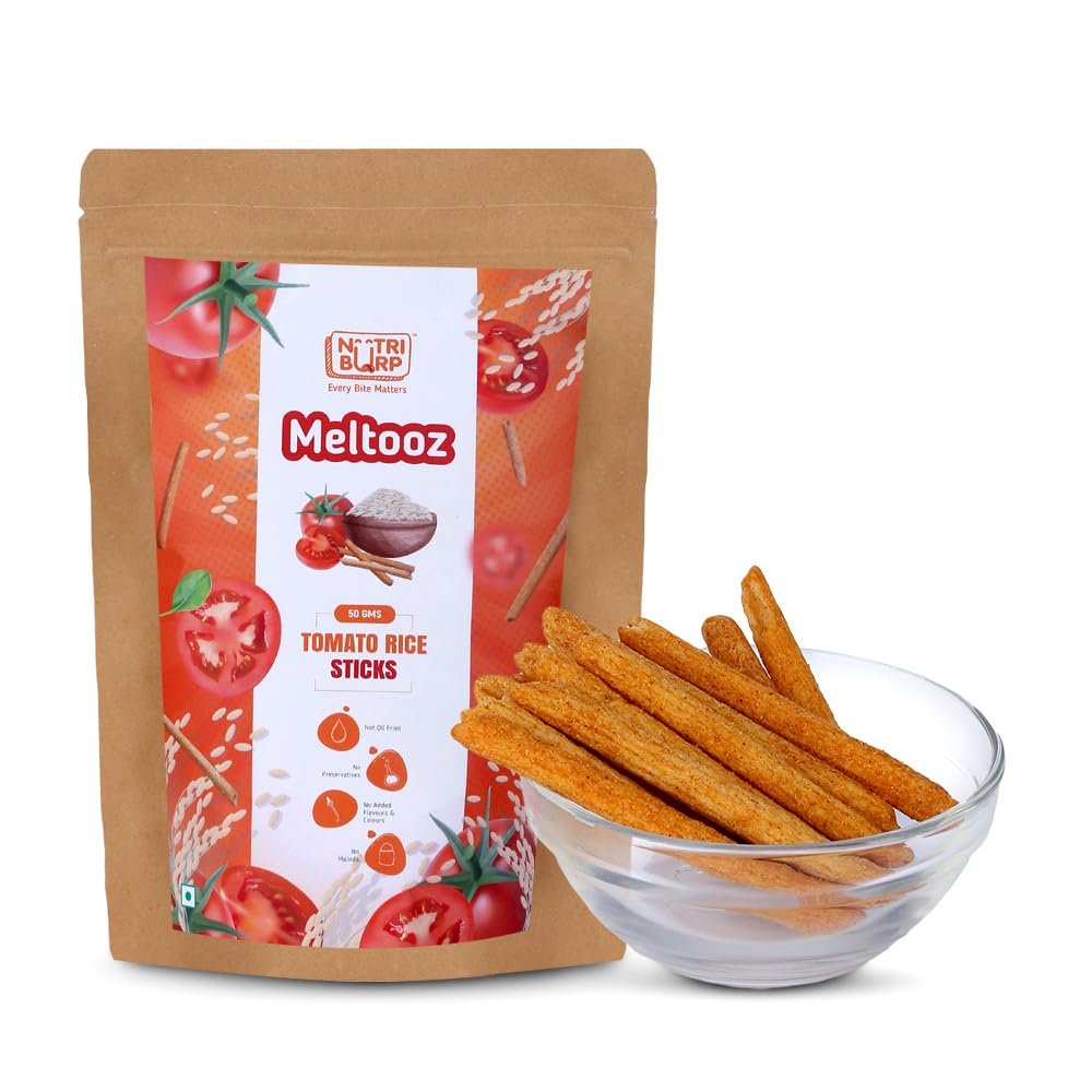 NutriBurp Tomato Rice Sticks Gluten-Free Snack | No Artificial Colors | Perfect Tea Time Snack With Low Fat | Healthy Diet Mixture | Crispy & Crunch | Vegan Free | No Fried Ingredients ( Pack OF 4) (50 Sticks)