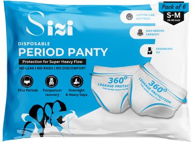 Sizi Disposable Overnight Period Panties for Women -12 Hour Leak Protection | 100% Rash-Free, 360 Coverage Sanitary Napkins for Girls. (Pack of 6-S/M)