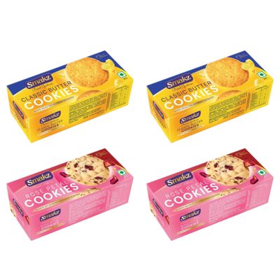 SMAKZ Variety Cookie Pack - Includes Classic Butter and Rose Petal Cookies - 75g Each, Pack of 4
