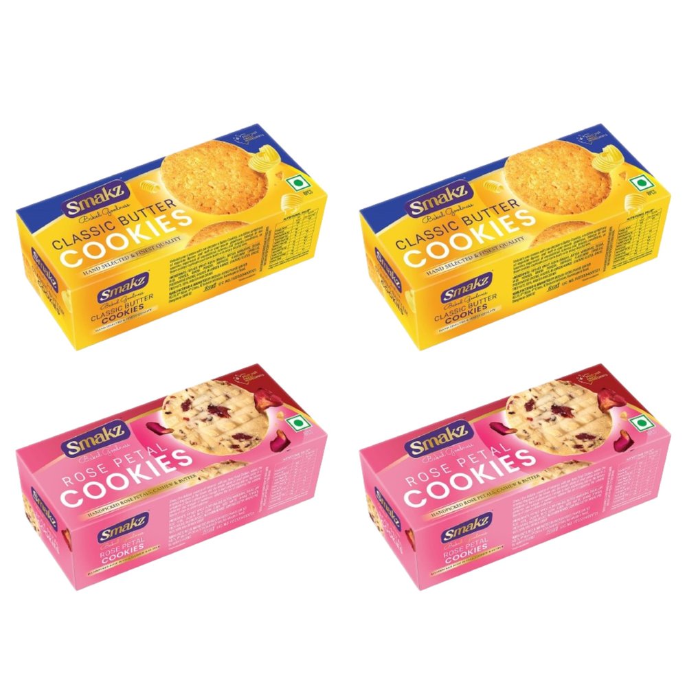 SMAKZ Variety Cookie Pack - Includes Classic Butter and Rose Petal Cookies - 75g Each, Pack of 4