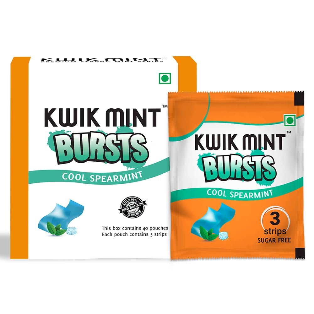 Kwik Mint Bursts Sugar Free Mouth Freshener Oral Care Strips, for Fresh Breath|Refreshes Your Throat, Clear Nostrils, & Fights Bad Breath - 120 Strips, Spearmint Flavour (Pack of 1), 0.15 Grams
