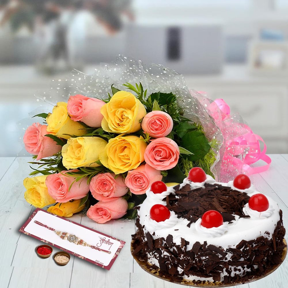 EG2i 15 Pink and Yellow Roses and Cake Surprise for Rakhi, gifts for brother, gifts for sister (Flower) Same Day Delivery, Express Delivery