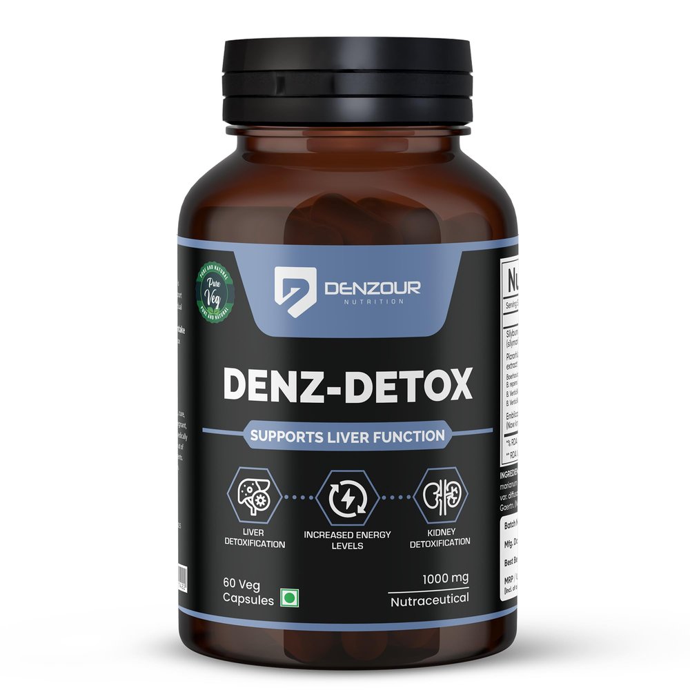 Denzour Nutrition Denz-Detox 1000mg | Supports Liver & Kidney Function | Natural Detox & Cleansing Supplement | Helps Maintain Energy & Vitality | 60 Veg Capsules | Made in India
