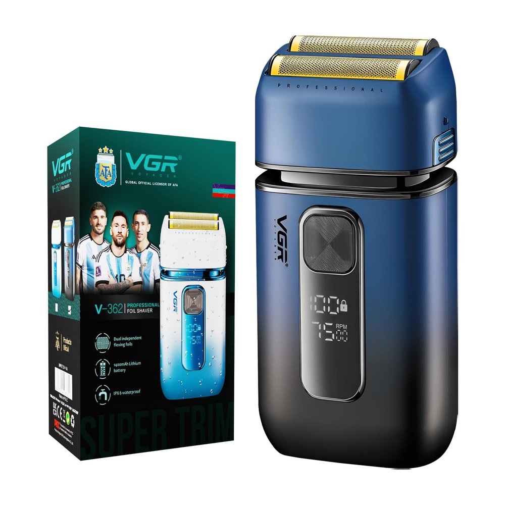 VGR V-362 SUPER TRIM Foil Shaver for Men | Titanium Dual Foils | 2 Speeds (7000/7500 RPM) | IPX-6 Waterproof | Rechargeable | LED Display | Travel Lock with 1 Year Warranty (Blue, Black)