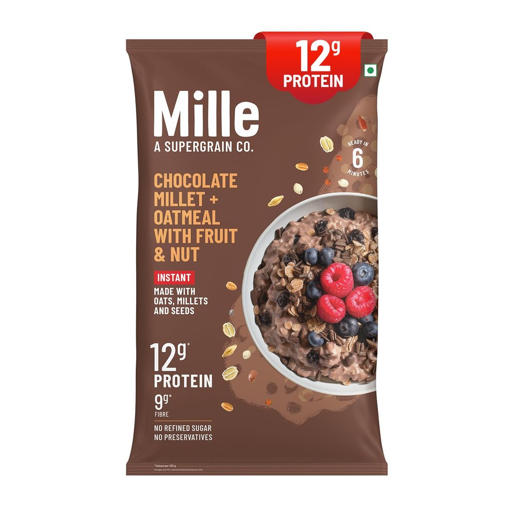 Mille High PROTEIN Chocolate Oatmeal with Fruit & Nuts | Power of 5 grains - Oats, Ragi, Jowar, Barley, Wheat | Flax seeds, Almonds, Raisins | Healthy High Fibre Breakfast Cereal | 400g