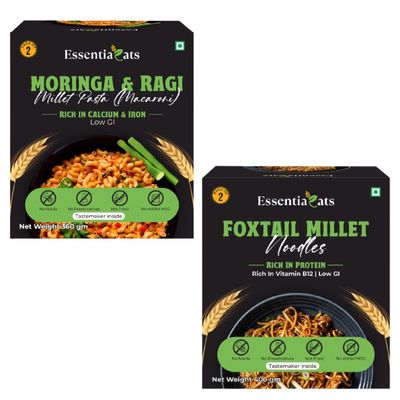 Essentiaeats Healthy Foxtail Millet Hakka Noodles & Moringa Ragi Pasta Macaroni | No Maida, Low GI, Not Fried, No Preservatives | Sun Dried | Noodles 400gm & Pasta 360 gm