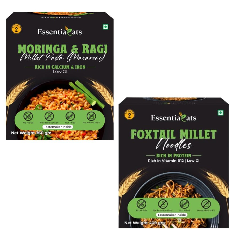 Essentiaeats Healthy Foxtail Millet Hakka Noodles & Moringa Ragi Pasta Macaroni | No Maida, Low GI, Not Fried, No Preservatives | Sun Dried | Noodles 400gm & Pasta 360 gm