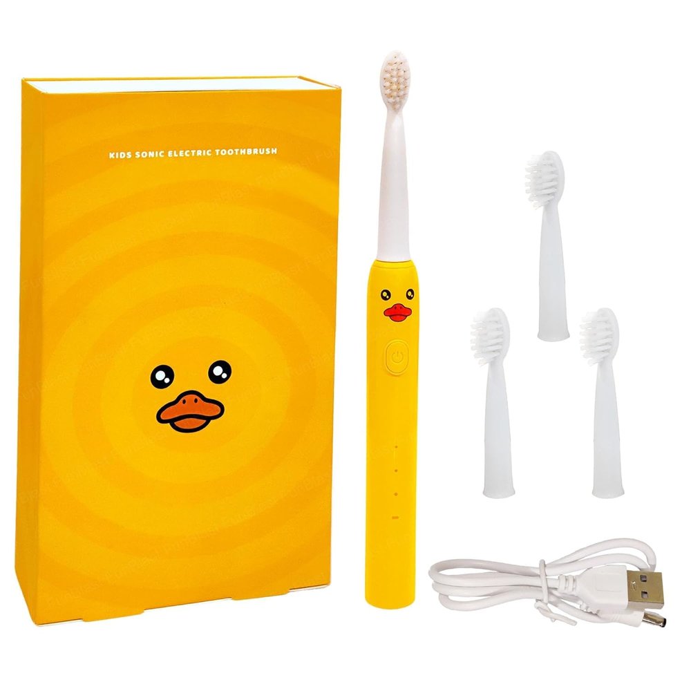 FunBlast Electric Toothbrush For Kids Automatic Electronic Children Toothbrush With 5 Brushing Modes&Rechargeable Battery,Ultrasonic Toothbrushes With 3 Replacement Brush Heads (Duck,22.5 Cm),Yellow