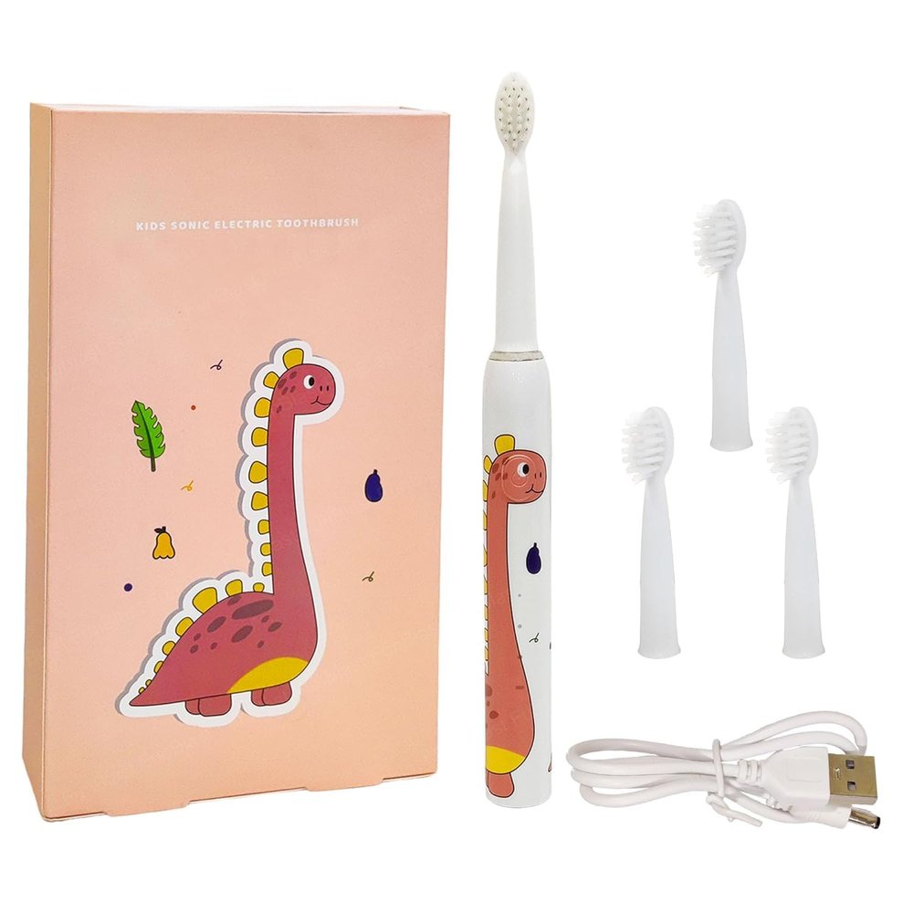 FunBlast Electric Toothbrush For Kids Automatic Electronic Children Toothbrush With 5 Brushing Modes&Rechargeable Battery,Ultrasonic Toothbrushes With 3 Replacement Brush Heads (Dino,22.5 Cm),White