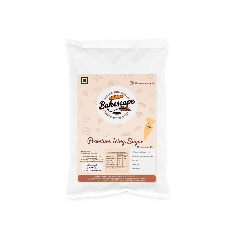Bakescape Premium Icing Sugar, (1 kg) | Dusting, Frosting, Icing, & Thickening, Perfect for Decorating Cakes, Cookies, & Other Baked Goods, Elevate Your Baking with Chefs Choice Icing Sugar