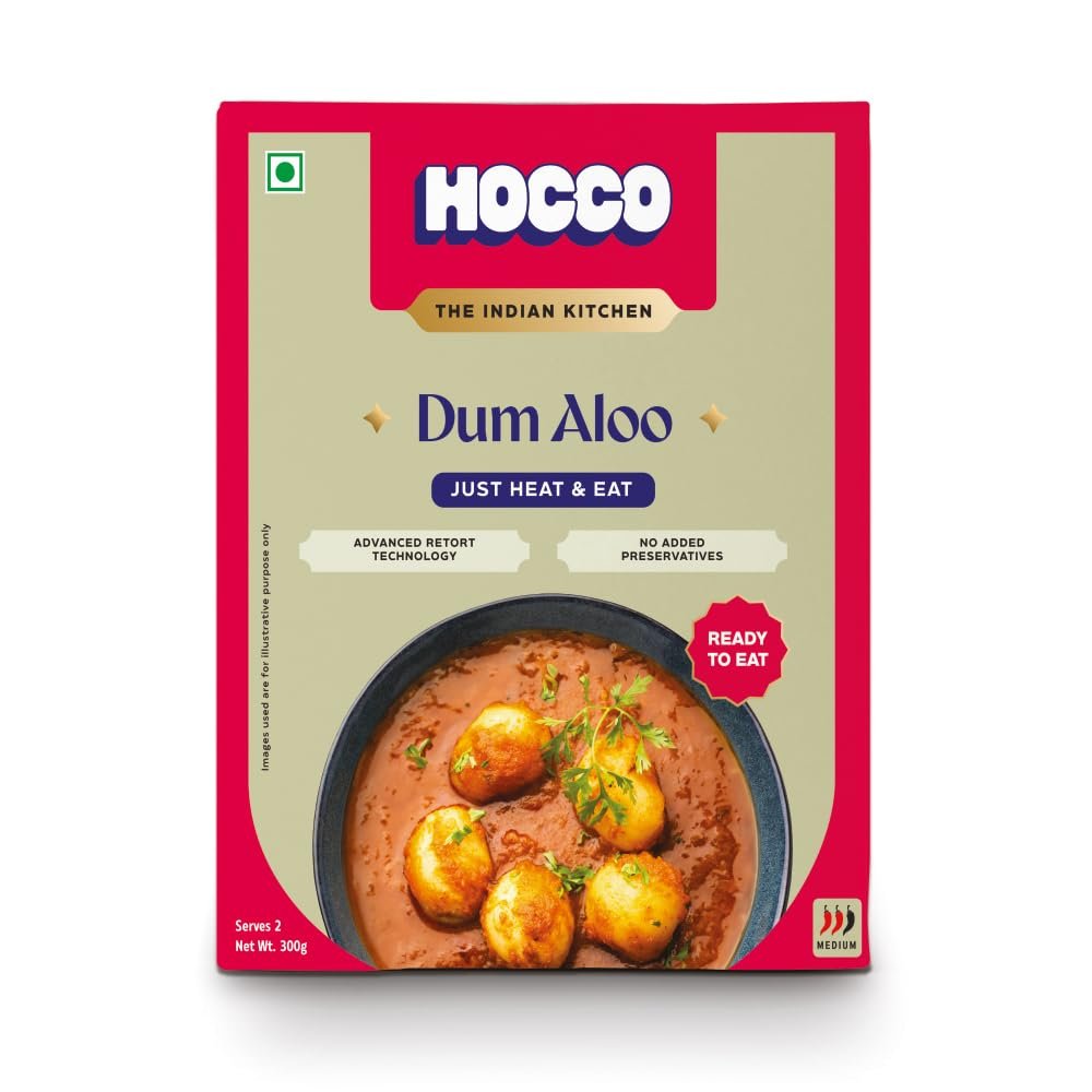 Hocco Dum Aloo Sabji Ready To Eat | Just Heat & Eat | Authentic Pure Veg Indian Food | No Added Preservatives Or Artificial Colors | Meal Ready In 5 Minutes | Microwaveable | Serves 2 | 300 gm (Dum Aloo Sabji-Pack of 1).
