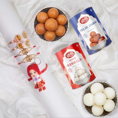 Bikaneri Shree Ganga Rakhi and Sweets Combo 2 Couple Set Rakhis 1 Kids Doll Rakhi Rasgulla,Gulabjamun Tin