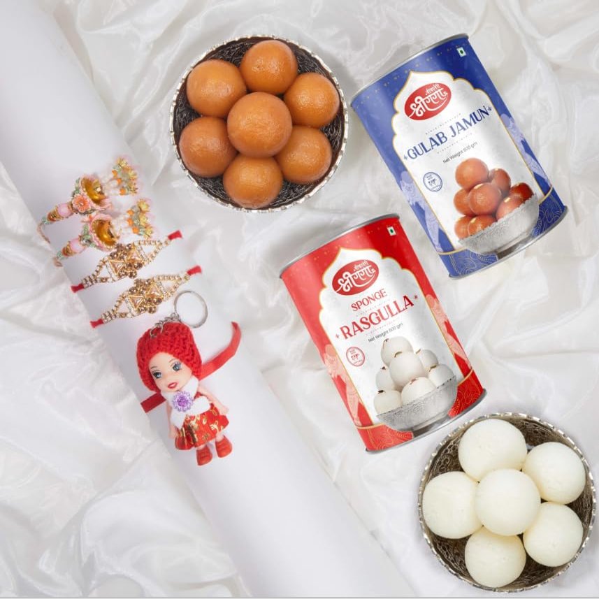 Bikaneri Shree Ganga Rakhi and Sweets Combo 2 Couple Set Rakhis 1 Kids Doll Rakhi Rasgulla,Gulabjamun Tin