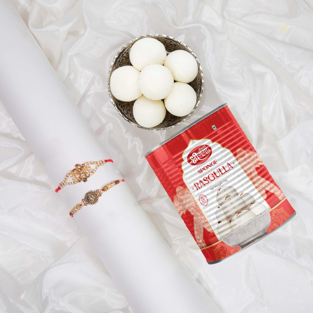 Bikaneri Shree Ganga Rasgulla With Rakhi and Sweets Combo, 2 Rakhis, 1kg Spongy Rasgulla Traditional Bikaneri Sweet