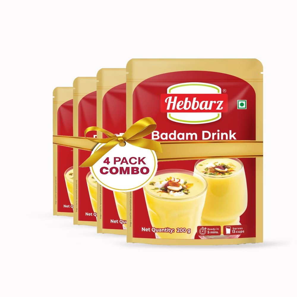 Hebbarz Instant Badam Drink Mix, 800g (Pack of 4, 200g each) | Badam Milk Powder | Almond Drink Mix | Badam Kesar Mix | Almond Saffron Mix | Badam Mix
