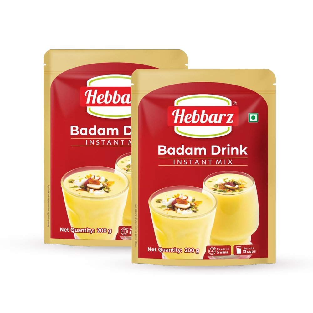 Hebbarz Instant Badam Drink Mix, 400g (Pack of 2, 200g each) | Badam Milk Powder | Almond Drink Mix | Badam Kesar Mix | Almond Saffron Mix | Badam Mix