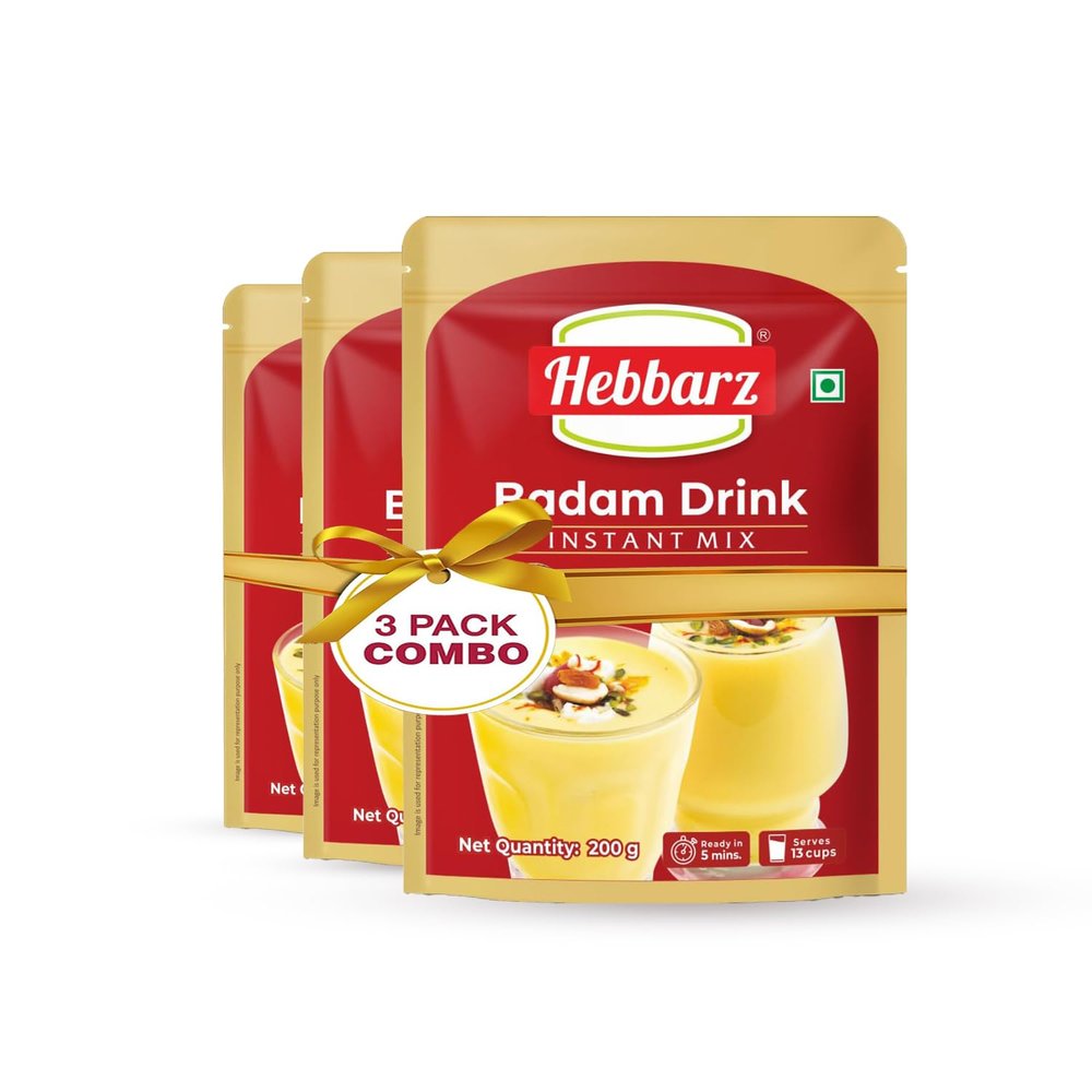 Hebbarz Instant Badam Drink Mix, 600g (Pack of 3, 200g each) | Badam Milk Powder | Almond Drink Mix | Badam Kesar Mix | Almond Saffron Mix | Badam Mix