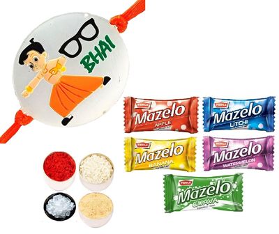 Bhai Rakhi for Brother, 5 Parle Mazelo Candy & Roli Chandan Chawal Mishri Pack for Chota Bhaiya