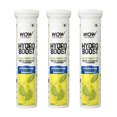 WOW Life Science Hydroboost Electrolytes Low Sugar Energy Drink For Instant Hydration - 20 Effervescent Tablets With 5 Essential Electrolytes + Vitamins (B6, B12, C & D) | Lemon Flavour | Pack of 3