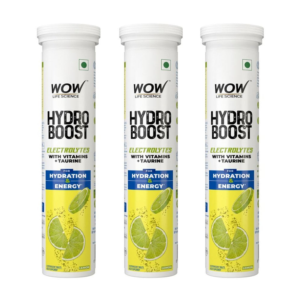 WOW Life Science Hydroboost Electrolytes Low Sugar Energy Drink For Instant Hydration - 20 Effervescent Tablets With 5 Essential Electrolytes + Vitamins (B6, B12, C & D) | Lemon Flavour | Pack of 3